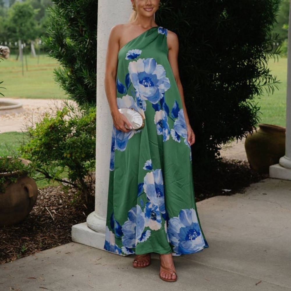 Green Floral One-Shoulder Maxi Dress